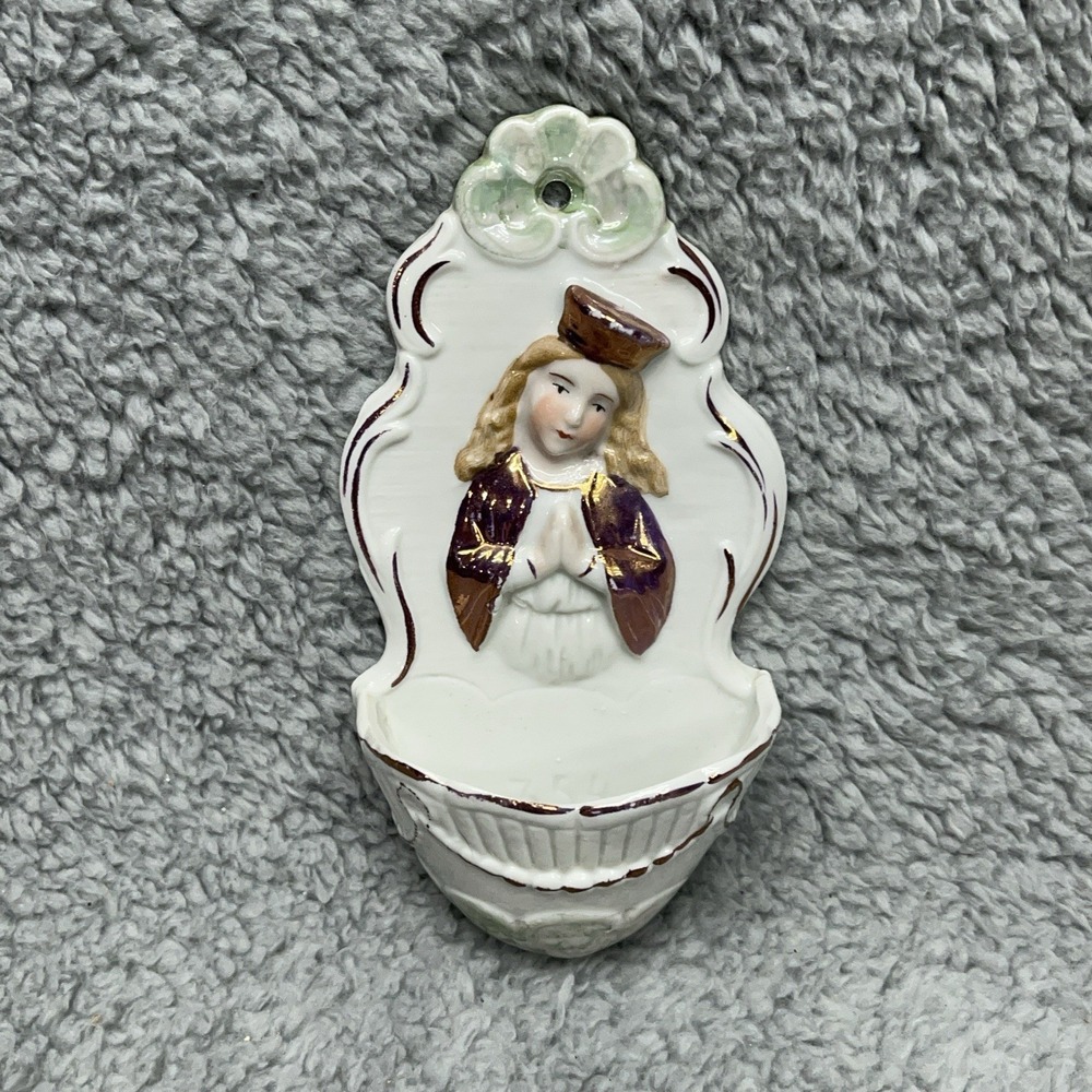 Victorian Porcelain Holy Water Font Vintage German Catholic Christianity 6" Tall